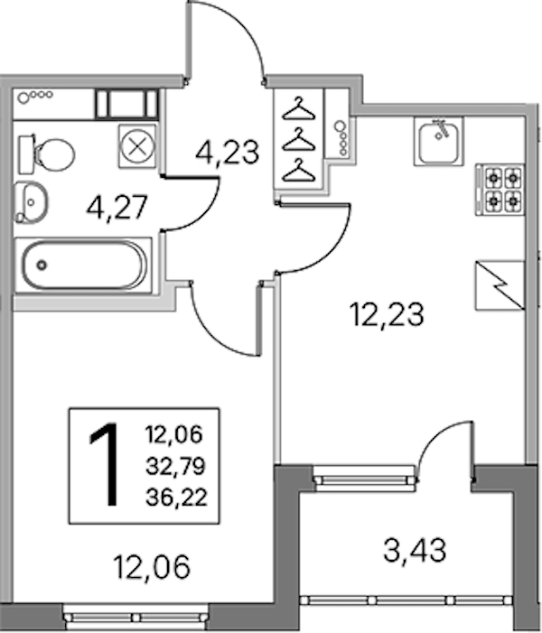 1-комнатная квартира 32.79 м², 4/5 эт., ЖК «ЮгТаун. Олимпийские кварталы»